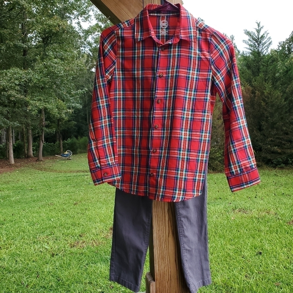 Red Plaid Buttondown & Grey Slacks Matching Set